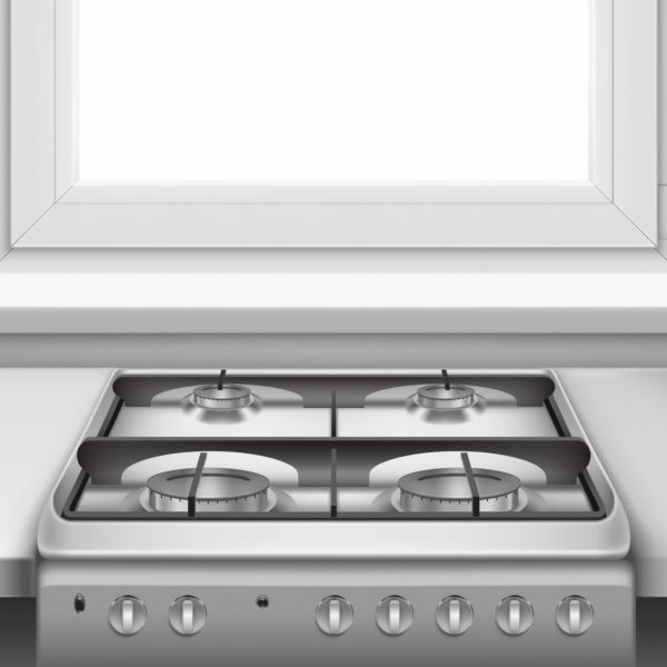 Kitchen table and gas stove with hobs and black steel grates. Vector realistic illustration of metal cooktop and grey kitchen counter near window. Stainless oven for cooking